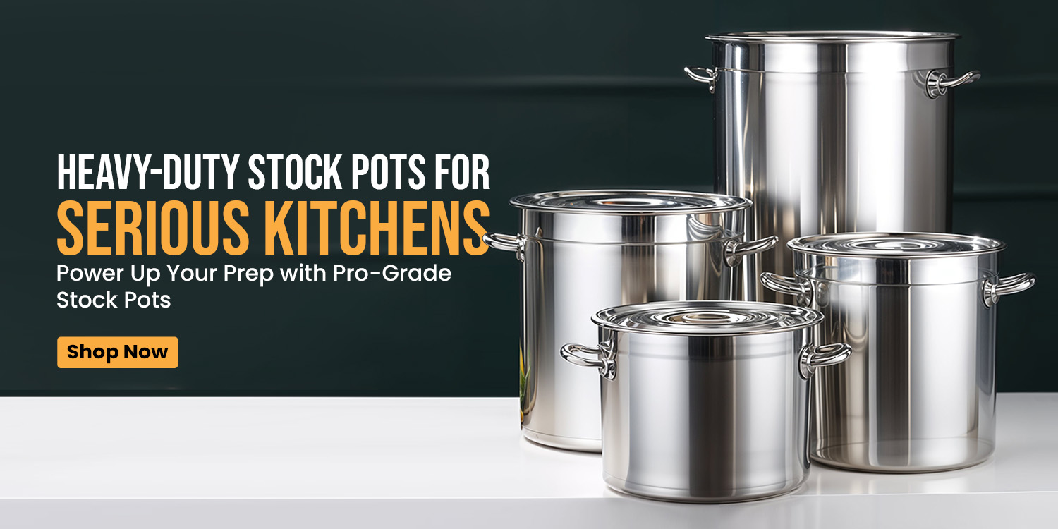 Display of Winco commercial kitchen appliances including display cases, mixers, grills, and popcorn machine on a yellow background.